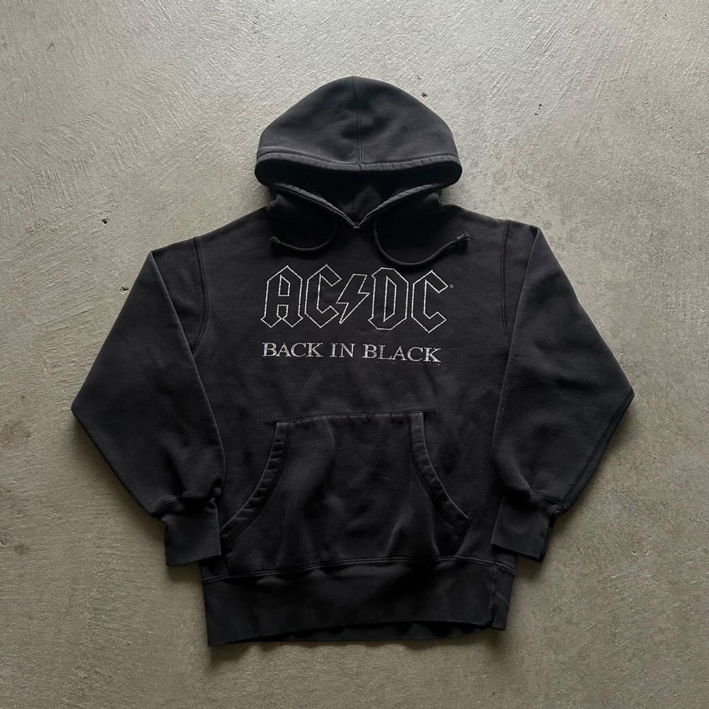 Vintage ACDC Back In Black Sweatshirt Size Medium Black Hoodie Band Concert Tour